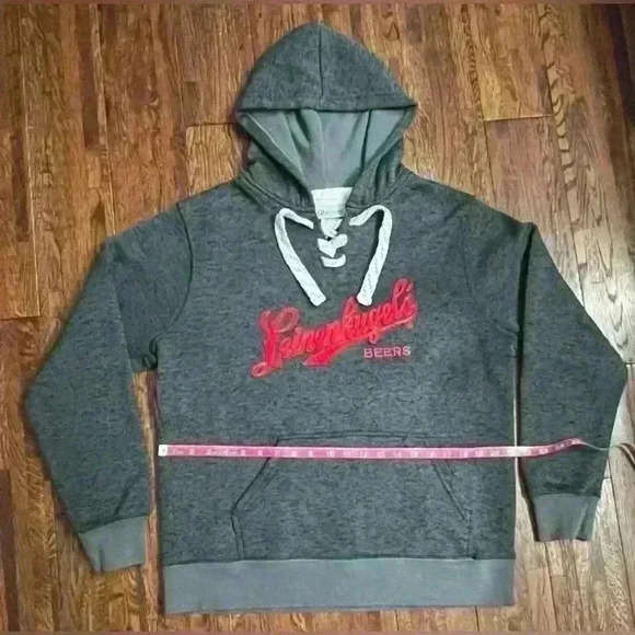 LEINENKUGEL Lace Up Pullover Hooded Knit Sweatshirt in Grey with Embroidery - Picture 6 of 9